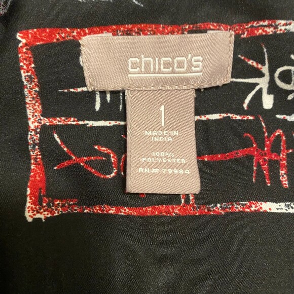 CHICO'S Black, Red and White Button Down Asian Artsy Long Sleeve Top Size 1/M - Picture 6 of 6
